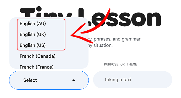 Choose the type of English in Tiny Lesson