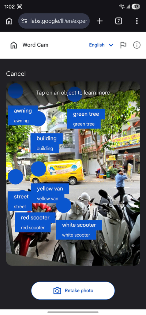 Word Cam displays labels for different objects in the picture